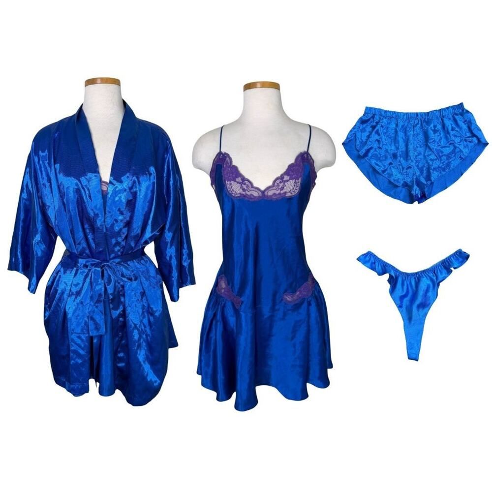 Fredericks of Hollywood VTG Lingerie Set Chemise Robe Short Ruffle Blue Large OS